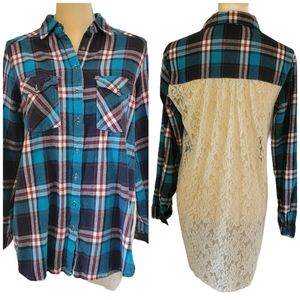 Altar'd State Plaid Lace Back Button Down Long Sleeve Shirt Size M